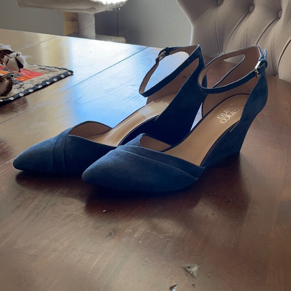 Blue suede wedges